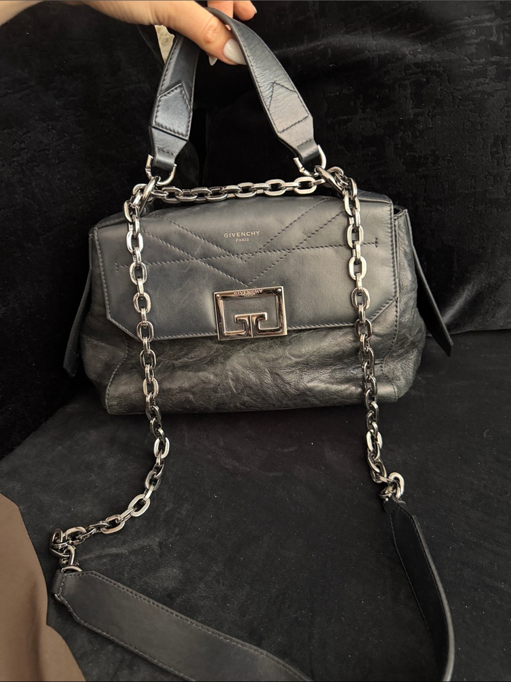 Givenchy Black Leather Chain Shoulder Bag with Silver Hardware